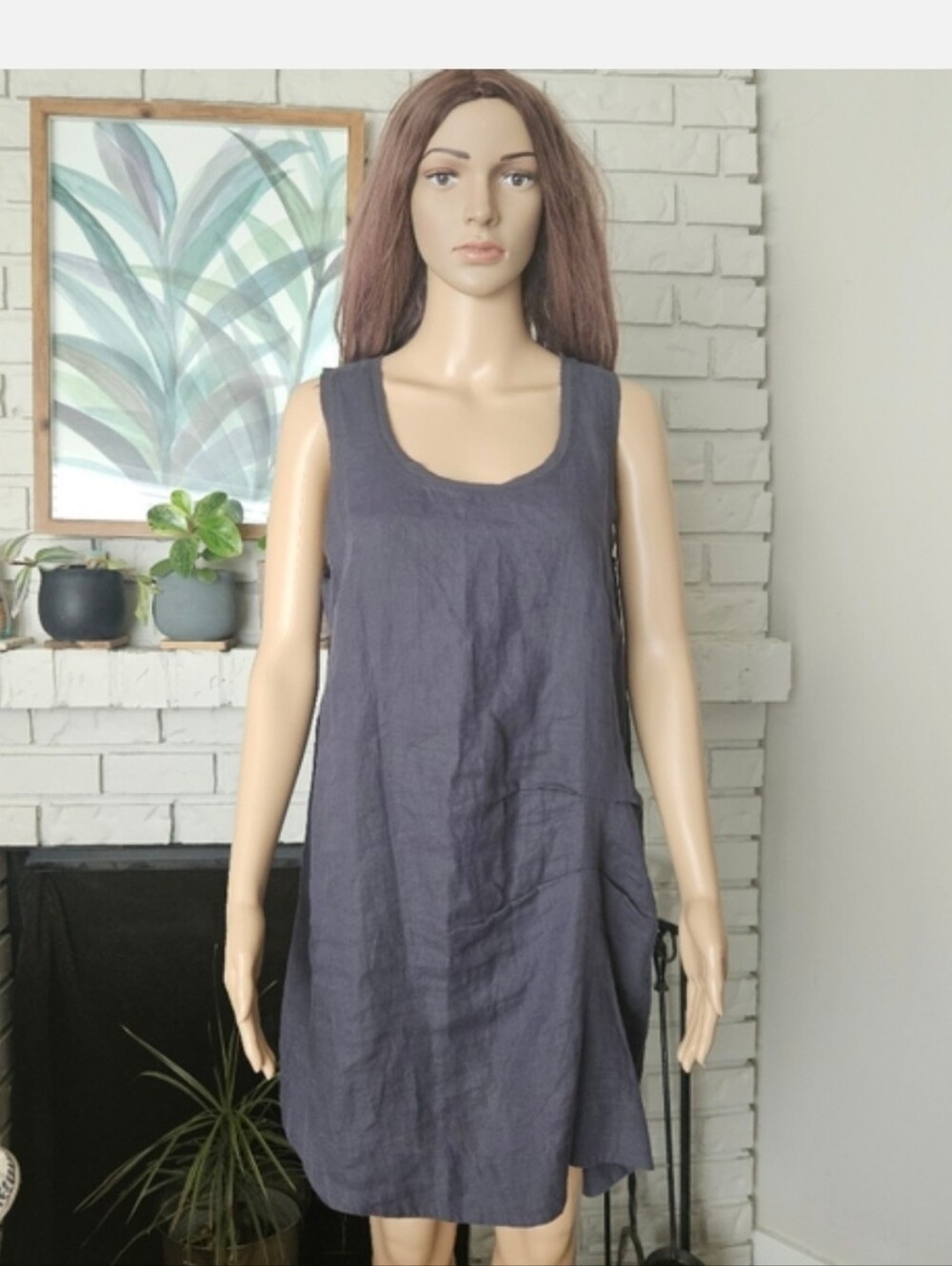 Lauren Vidal Linen Dress Gray Midi Sleeveless Size MEDIUM